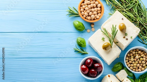 Flat lay composition of healthy plant based ingredients including tofu soybeans olives and rosemary on a blue wooden surface with ample space for text messaging or technology related content photo