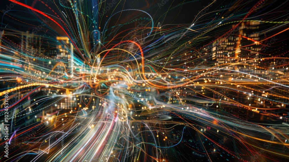 Dynamic Light Trails Over Urban Landscape at Night Dynamic Light Trails Over Urban Landscape at Night