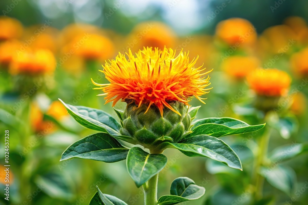 Medium shot of highly branched herbaceous safflower oil plant Medium shot of highly branched herbaceous safflower oil plant