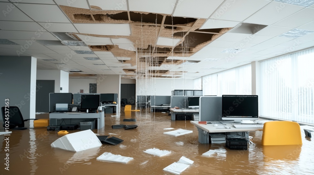 Naklejka premium Flooded office with damaged ceiling, water streaming down, and floating debris in an open-plan workspace with computers.