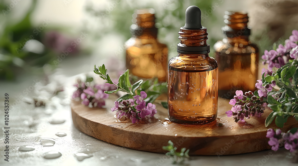Aromatherapy Bottles with Fresh Herbs and Flowers Aromatherapy Bottles with Fresh Herbs and Flowers
