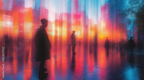 Abstract Silhouettes Of People In A Vibrant Urban Environment With Blurred Colors And Reflective Surfaces At Sunset