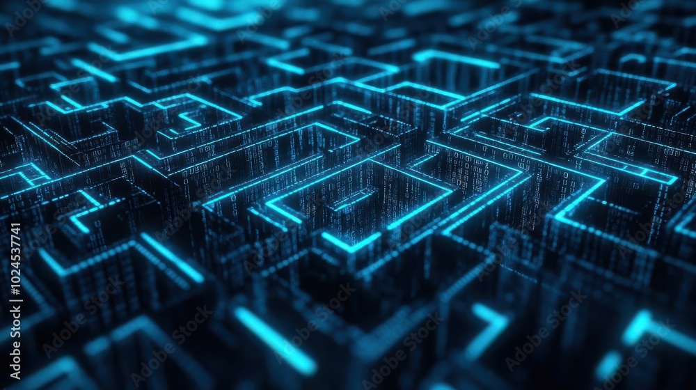 A complex digital maze made of binary code, Maze, technology, virtual world, data streams A complex digital maze made of binary code, Maze, technology, virtual world, data streams