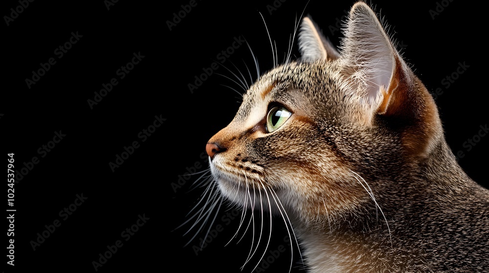 Obraz premium Detailed side profile portrait of a pensive shorthair cat with intricate fur texture and expressive eyes set against a complementary color scheme background