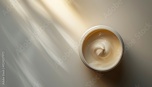 A top-down view of a creamy skincare product in a jar, illuminated by soft sunlight, creating an inviting and serene ambiance. Blank space for text and design