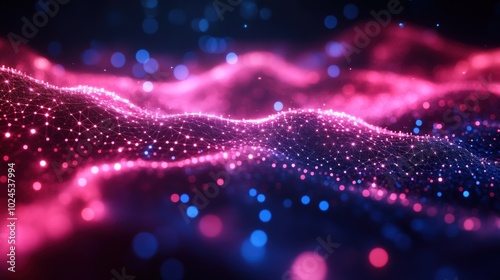 Futuristic Glowing Pink And Blue Digital Mesh Network With Abstract Bokeh Effects On Dark Background