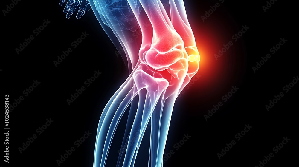Knee joint X-ray, pain area depicted in vivid orange light, detailed bone structure, glowing orange overlay on pain region, soft shadow gradient in the background, blue tint on non-painful areas, Knee joint X-ray, pain area depicted in vivid orange light, detailed bone structure, glowing orange overlay on pain region, soft shadow gradient in the background, blue tint on non-painful areas,