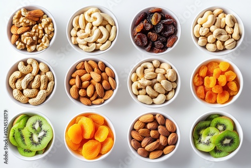 Multiple bowls arranged in neat rows, each filled with different types of nuts and dried fruits