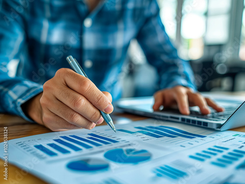 A man is writing on a piece of paper with a pen. He is using a laptop in the background. Concept of focus and concentration as the man works on his task