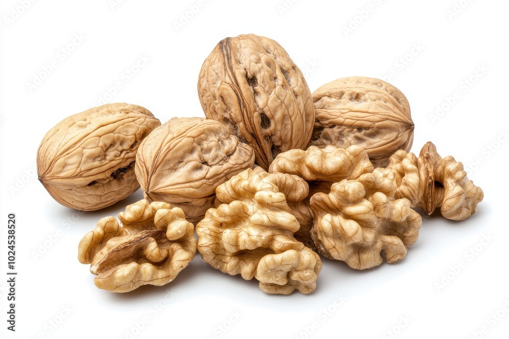 Several walnut halves and a walnut shell, arranged in a natural pile, isolated on a white Several walnut halves and a walnut shell, arranged in a natural pile, isolated on a white