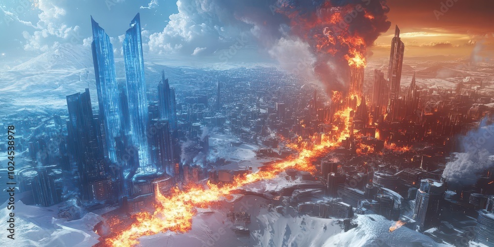 A futuristic city divided between fire and ice, its towering buildings standing amidst the clash of elemental forces