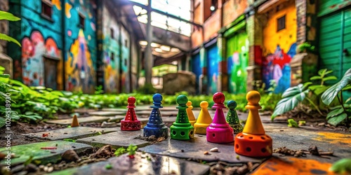 Wallpaper Mural Urban Exploration of Three Game Pieces in an Abandoned Cityscape Torontodigital.ca