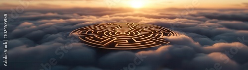 Golden labyrinth floating in the clouds at sunrise, Maze, fantasy world, surreal architecture, celestial