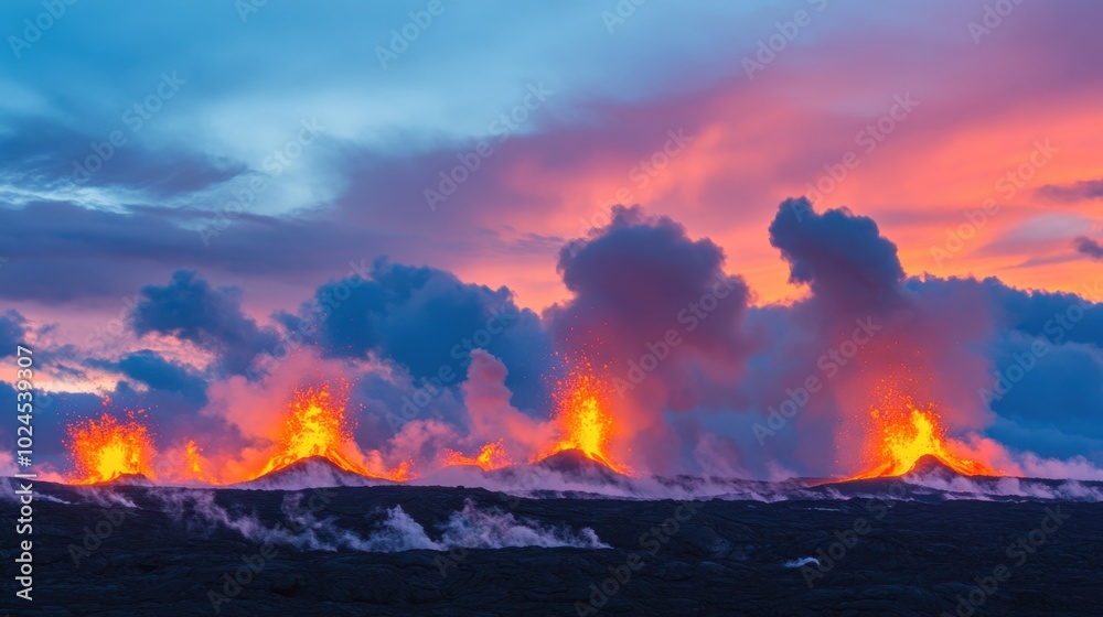 Fototapeta premium A captivating view of a volcanic eruption, highlighting the intense lava flow and dramatic smoke against a vibrant sky.