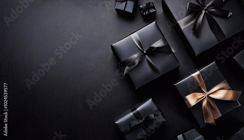 black gift boxes with golden bow, background for black friday or birthday, top view with space for text