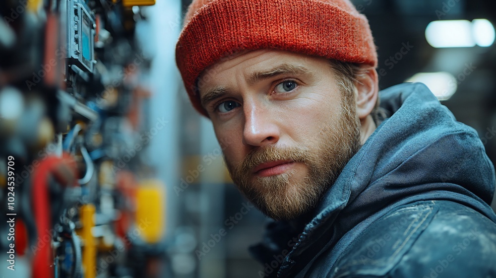 A young man in a beanie and work jacket looks over his shoulder, focused intently on a task. A young man in a beanie and work jacket looks over his shoulder, focused intently on a task.