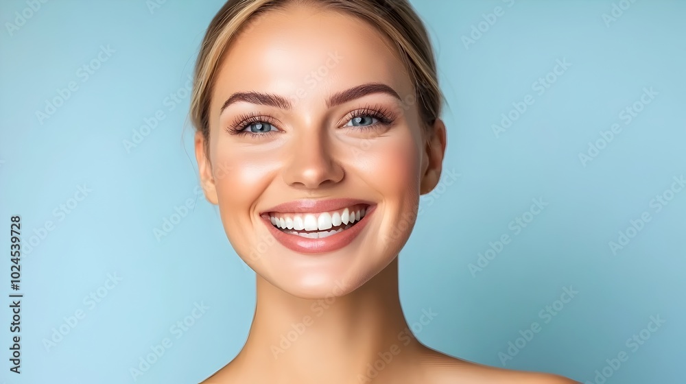 Radiant and smiling Caucasian woman exuding natural joy and friendly positivity against a vibrant futuristic triadic color background  Captures a contemporary modern and upbeat mood