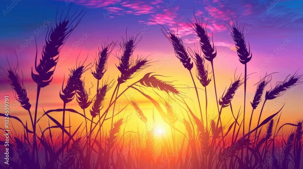 Sunset Over Wheat Fields with Vibrant Sky Sunset Over Wheat Fields with Vibrant Sky