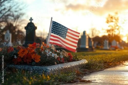 the us flag proudly waves at a military cemetery symbolizing remembrance during veterans day evoking solemnity honor and respect for those who served