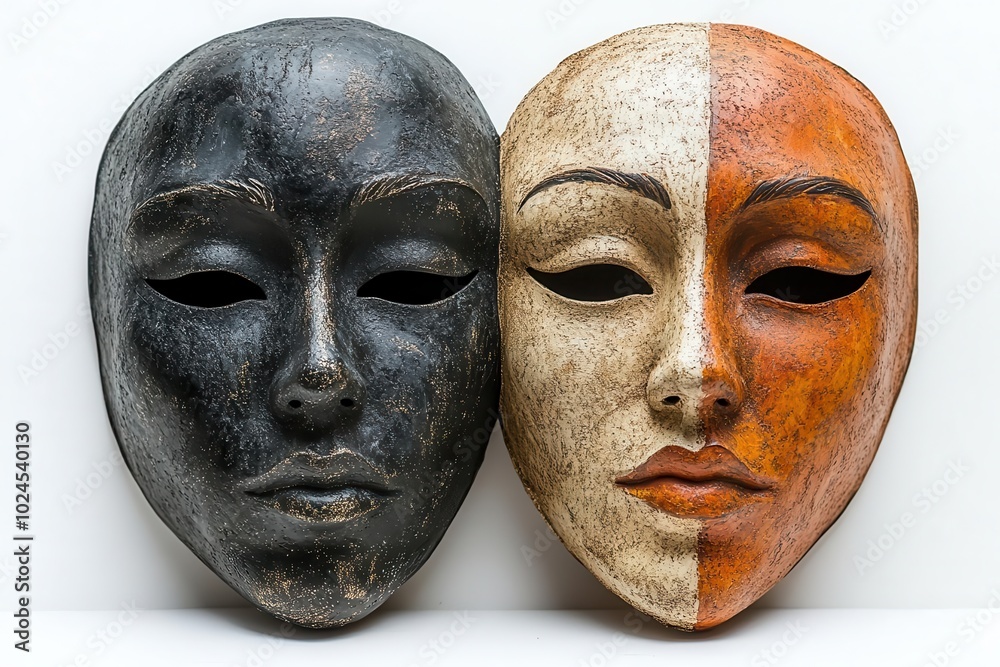 theatrical masks displayed in a striking composition representing the duality of emotions isolated against a clean white background for dramatic effect theatrical masks displayed in a striking composition representing the duality of emotions isolated against a clean white background for dramatic effect