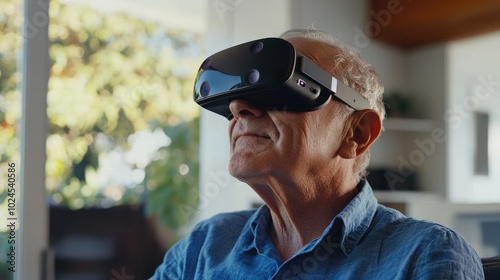 Older man using virtual reality glasses in a modern home setting, highlighting tech in aging. illustration 