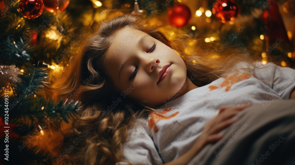 generated illustration of little Caucasian girl sleeping under decorated Christmas tree. generated illustration of little Caucasian girl sleeping under decorated Christmas tree.