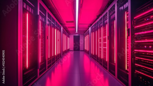 Illuminated server room with vibrant pink lights highlighting rows of data servers, creating a futuristic ambiance in a data center.