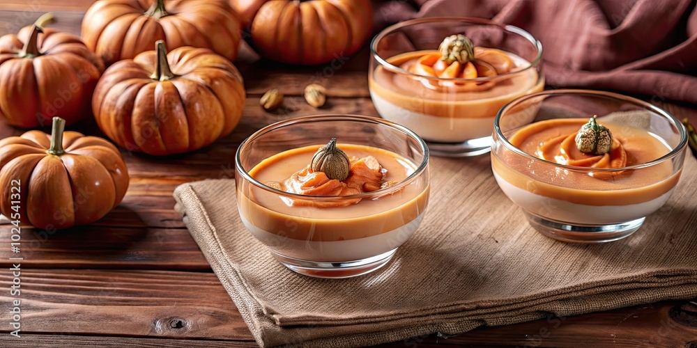 Fototapeta premium Pumpkin mousse desserts with whipped cream and nuts.