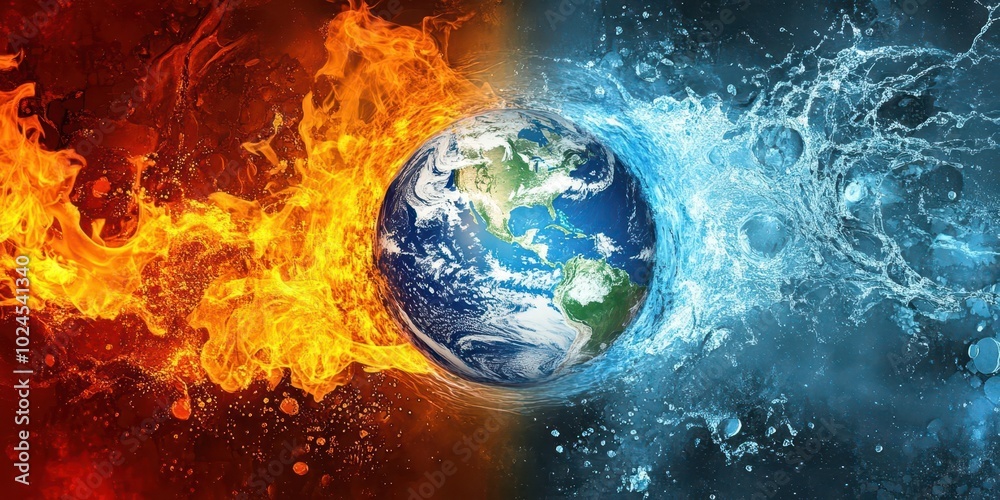 Earth engulfed in fire and water, abstract concept art. Earth engulfed in fire and water, abstract concept art.