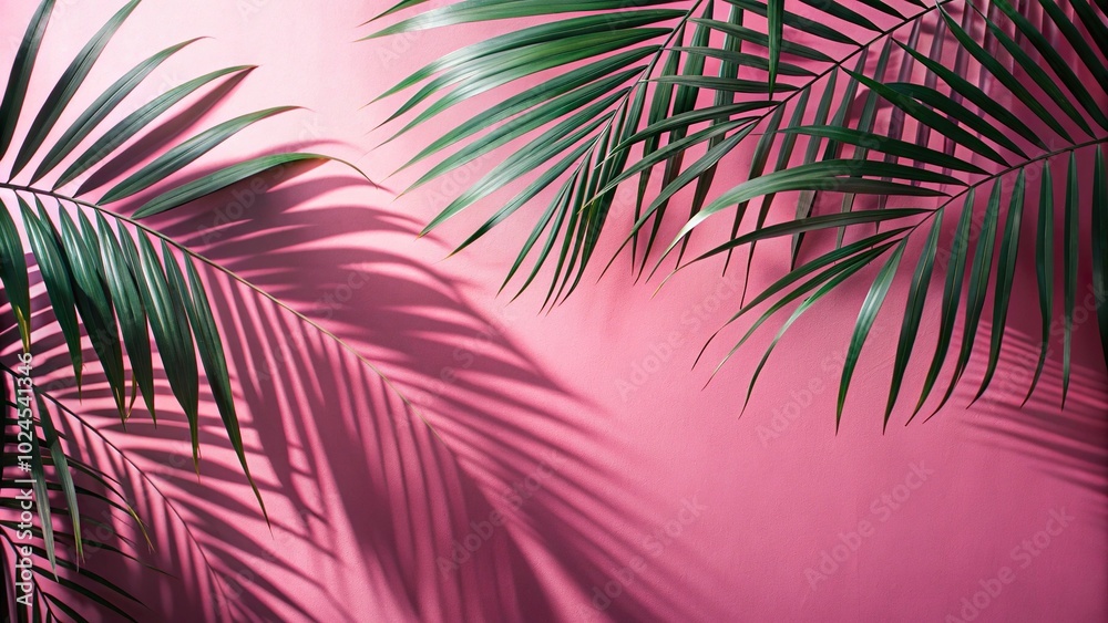 Fototapeta premium Medium shot of tropical palm leaves casting shadows on a pink wall background