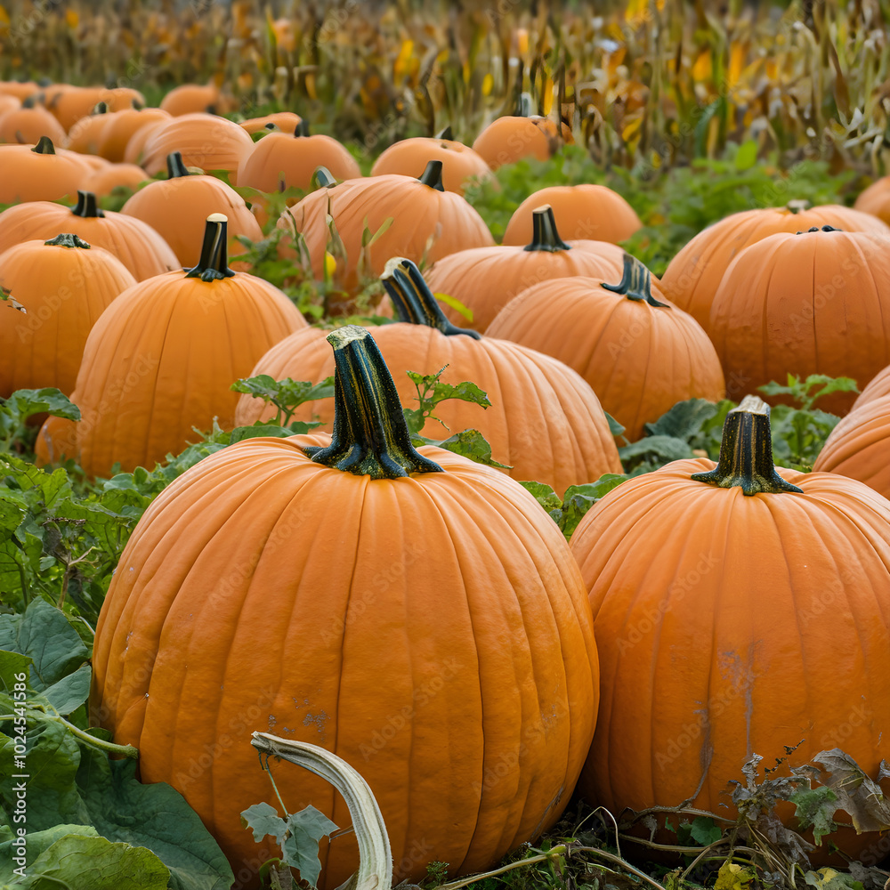 Many large pumpkins growing in a field Many large pumpkins growing in a field