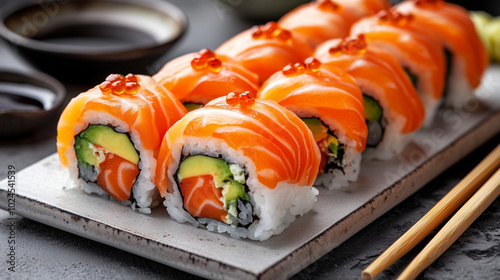 sushi with salmon and avocado on a plate