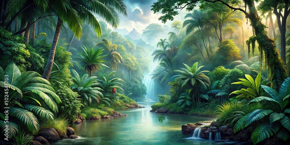 Medium shot of vibrant rainforest ecosystems painted in watercolor style