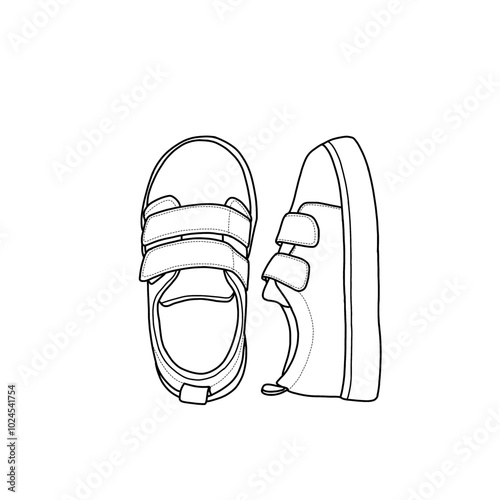Toddler infant kid shoes velcro sneakers crib, anti-slip line art. Technical sketch hand-drawing outline vector doodle illustration. Isolated on a white background
