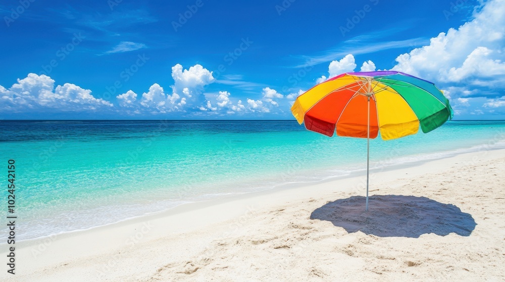 A lively beach umbrella standing on a sandy beach, bright against a backdrop of clear skies and endless sun. A lively beach umbrella standing on a sandy beach, bright against a backdrop of clear skies and endless sun.