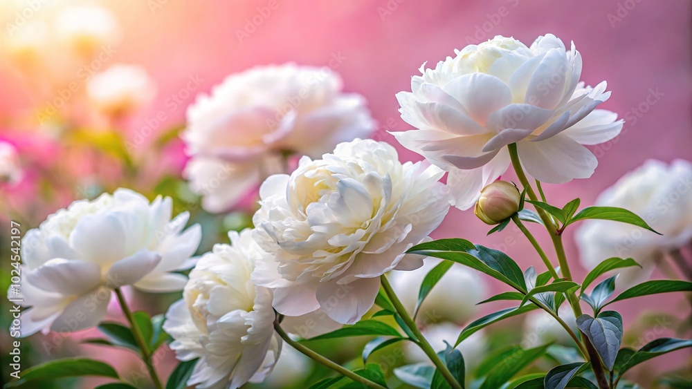 Medium shot of white peonies blooming with a background of pink peonies in a beautiful garden