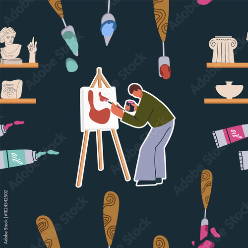 Seamless pattern with art supplies, hand drawn style. Art workshop, fine art, hobby, pastime. Trendy modern vector illustration, flat design.