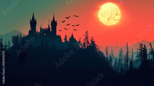 A dark, eerie castle silhouette against a massive blood-red moon creates a chilling and mysterious Halloween atmosphere.