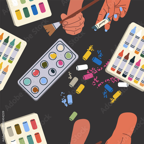 Seamless pattern with art supplies, hand drawn style. Art workshop, fine art, hobby, pastime. Trendy modern vector illustration, flat design.