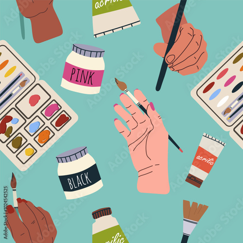 Seamless pattern with art supplies, hand drawn style. Art workshop, fine art, hobby, pastime. Trendy modern vector illustration, flat design.