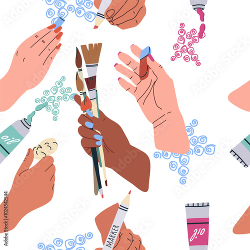 Seamless pattern with art supplies, hand drawn style. Art workshop, fine art, hobby, pastime. Trendy modern vector illustration, flat design.