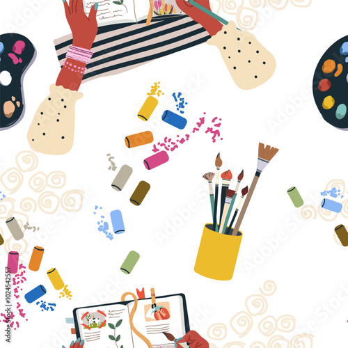 Seamless pattern with art supplies, hand drawn style. Art workshop, fine art, hobby, pastime. Trendy modern vector illustration, flat design.