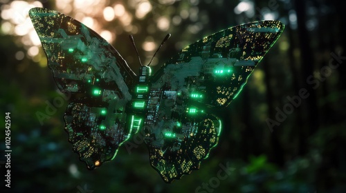 Cybernetic butterfly with glowing circuit-board wings photo