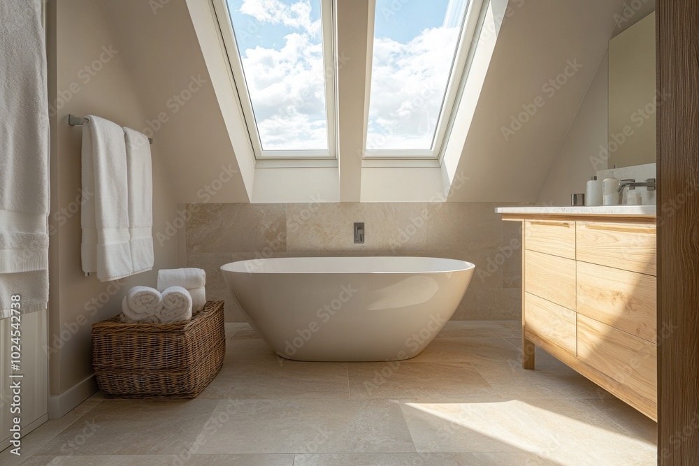 A bright, airy bathroom with large skylights that allow natural light to flood the space A bright, airy bathroom with large skylights that allow natural light to flood the space