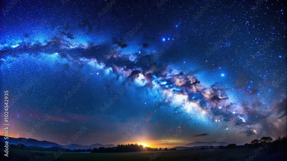 Medium Shot Panorama of blue night sky with milky way and stars on dark background in Universe filled with stars Medium Shot Panorama of blue night sky with milky way and stars on dark background in Universe filled with stars