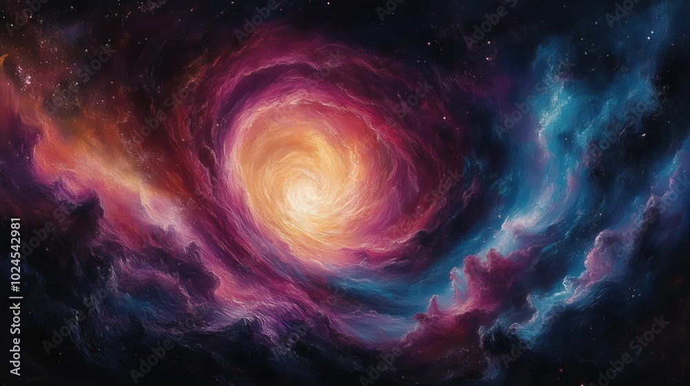Colorful Cosmic Nebula Swirl In Oil Painting Style With Bright Glowing Center For Sci-Fi And Fantasy Art Concepts Colorful Cosmic Nebula Swirl In Oil Painting Style With Bright Glowing Center For Sci-Fi And Fantasy Art Concepts