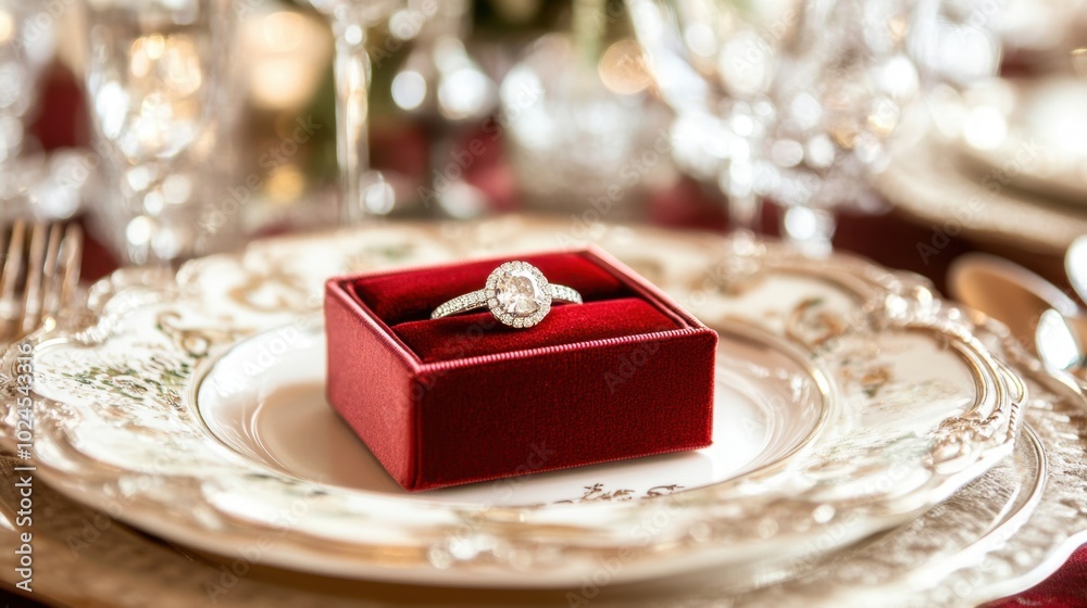 A red ring box with an engagement ring, set among dinner plates and glasses, creating a romantic scene. A red ring box with an engagement ring, set among dinner plates and glasses, creating a romantic scene.