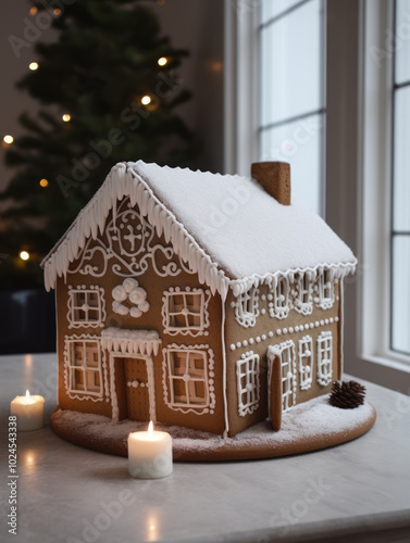 generated illustration of luxury gingerbrean house as decoration against christmas tree photo