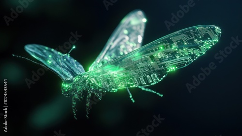 Translucent digital insect with lit-up circuit wings photo