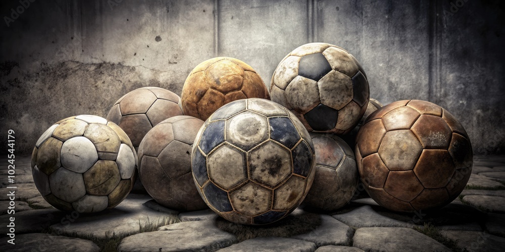 Fototapeta premium Vintage soccer balls gather in a rustic setting.